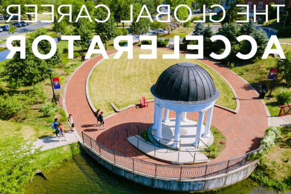 Aerial view of the gazebo in Sarah's Glen at Shenandoah University with the text "The Global Career Accelerator."