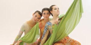 From left to right - Becca Hopkins, Eve Stanley and Lainey Griffin, wearing hand-painted costumes for Arte in Movimento dance company's "Walking Artwork" show. All three are Shenandoah graduates, and Stanley is the artistic director of the dance company.